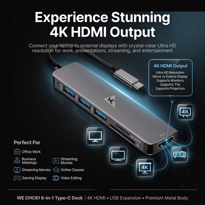 WE - CHC61 6-IN-1 TYPE-C DOCK WITH  3 X USB PORT  1 X 4K HDMI  1 X SD & 1 X MICRO SD CARD READER  METAL BODY 1 YEAR WARRANTY