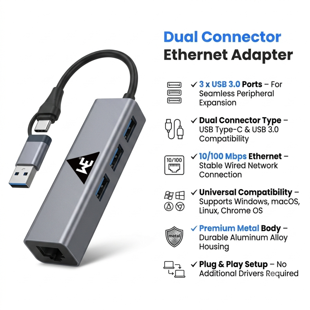 WE CLH21 USB-C & USB 3.0 Ethernet Hub – Metal Body, 1 Year Warranty