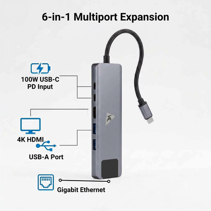 WE CHC62 6‑in‑1 Type‑C Dock with Dual 100W Power delivery, USB Hub, 4K HDMI, Ethernet – Metal Body, 1 Year Warranty