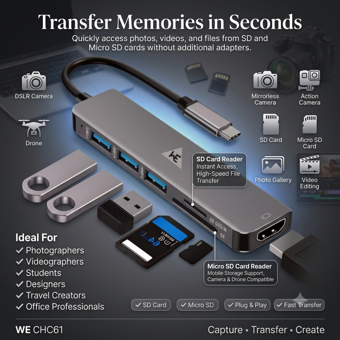 WE - CHC61 6-IN-1 TYPE-C DOCK WITH  3 X USB PORT  1 X 4K HDMI  1 X SD & 1 X MICRO SD CARD READER  METAL BODY 1 YEAR WARRANTY