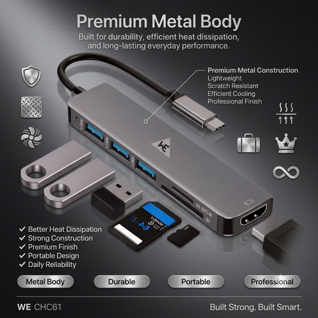 WE - CHC61 6-IN-1 TYPE-C DOCK WITH  3 X USB PORT  1 X 4K HDMI  1 X SD & 1 X MICRO SD CARD READER  METAL BODY 1 YEAR WARRANTY