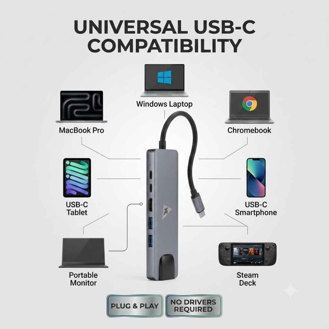 WE CHC62 6‑in‑1 Type‑C Dock with Dual 100W Power delivery, USB Hub, 4K HDMI, Ethernet – Metal Body, 1 Year Warranty