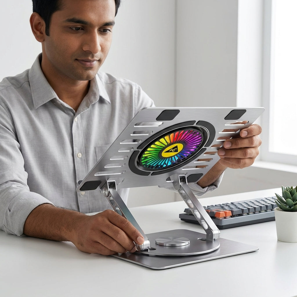 WE -  BRITEPAD  RGB LAPTOP COOLING PAD  ALUMINIUM BODY  360° ROTATING BASE  RGB FAN  HEIGHT ADJUSTABLE  USB HUB  ADJUSTABLE SPEED