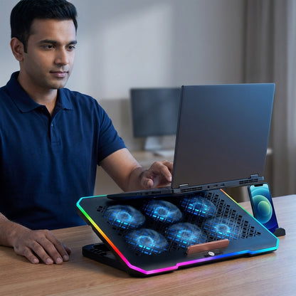 WE - CHILLMATE RGB LAPTOP COOLING PAD  SIX FANS   RGB LIGHTING   USB HUB   MOBILE HOLDER  5 HEIGHT ADJUSTABLE  3000 RPM - BLACK