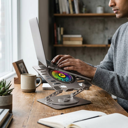 WE -  BRITEPAD  RGB LAPTOP COOLING PAD  ALUMINIUM BODY  360° ROTATING BASE  RGB FAN  HEIGHT ADJUSTABLE  USB HUB  ADJUSTABLE SPEED